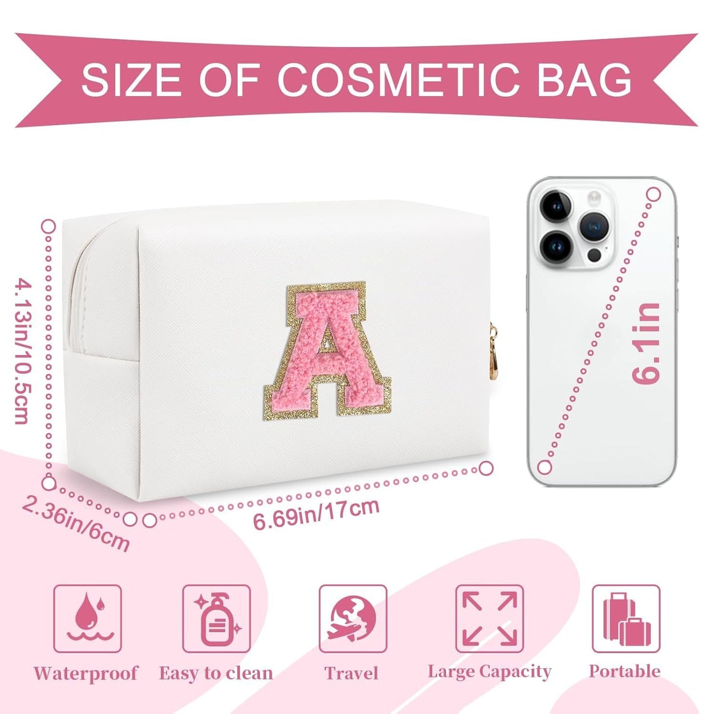 Personalized Makeup Bag Initial A-Z Preppy Patch Bag,Small PU Leather Travel Cosmetic Bag Pouch with Zipper,White Cute Toiletry Bag,Gift Ideal for Teen Girls Women Birthday Friend Mom,Letter A