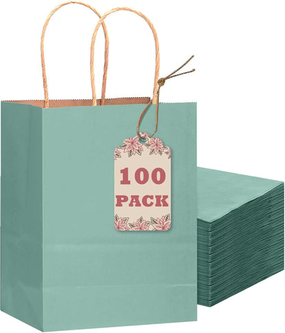 100PCS Gift Bag with Handles Bulk Kraft Light Blue Paper Bags Multiple Uses (8.3"x3"x6"inch Small Size)
