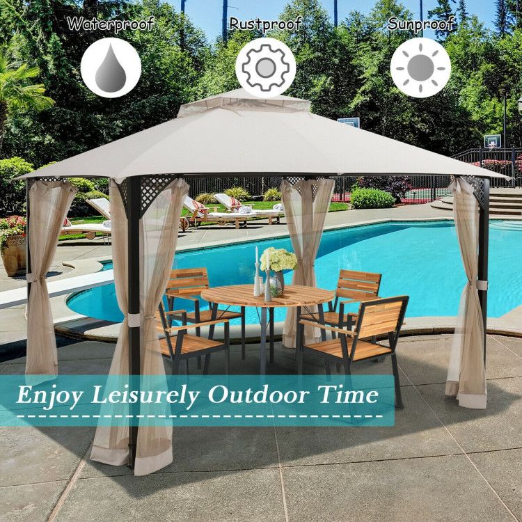 12 x 10 Feet Outdoor Double Top Patio Gazebo with Netting