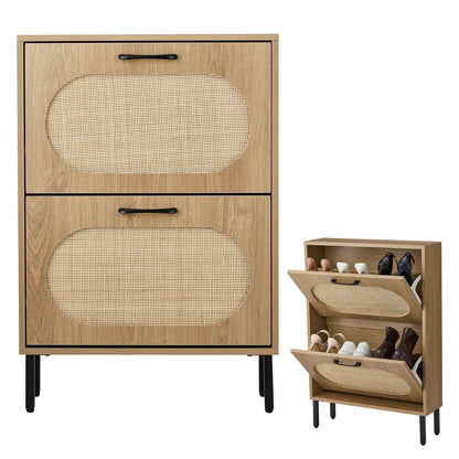 Rattan Shoe Cabinet with 2 Flip Doors, Narrow Freestanding Shoe Organizer, Modern Narrow Shoe Storage Cabinet with Metal Legs for Entryway, Hallway, Closet (Natural)