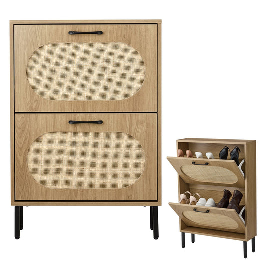 Rattan Shoe Cabinet with 2 Flip Doors, Narrow Freestanding Shoe Organizer, Modern Narrow Shoe Storage Cabinet with Metal Legs for Entryway, Hallway, Closet (Natural)