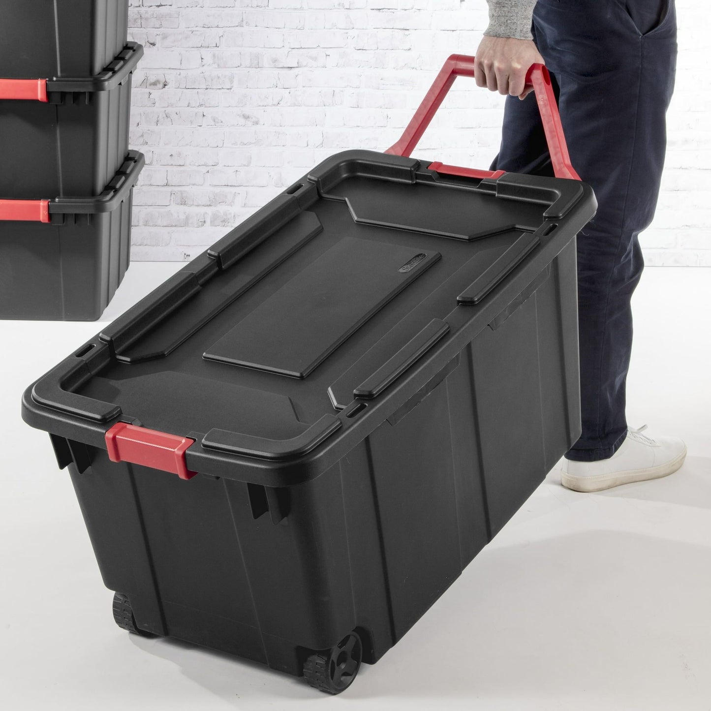 40 Gallon Wheeled Plastic Storage Container with Handle, Black, Pack of 2, Industrial