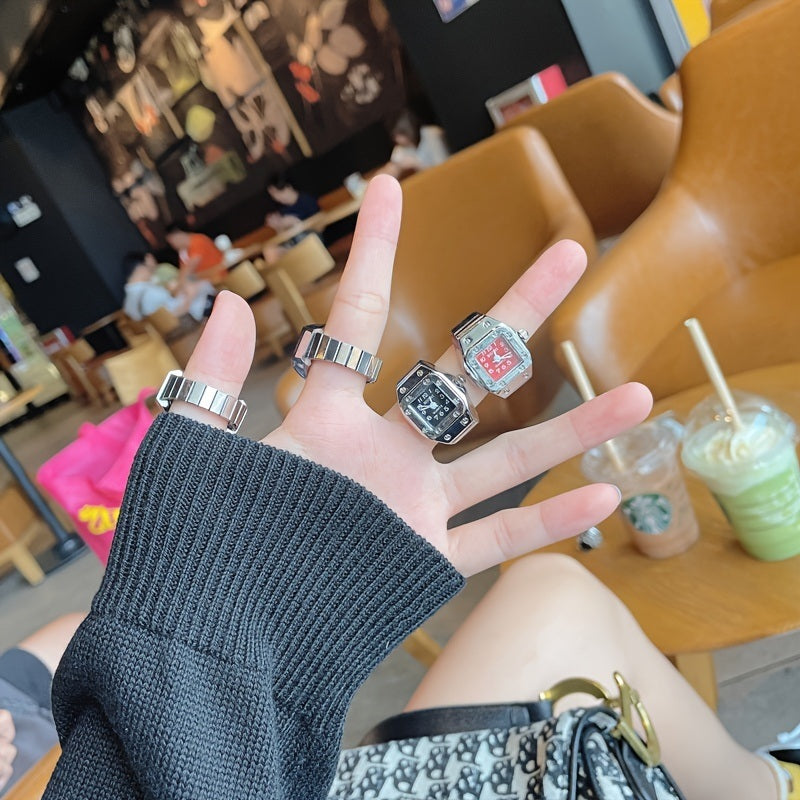 Mini Finger Ring Watch Square Quartz Easy Reader Watch Alloy Case Watch 4 Colors Valentine's Day Gift For Her