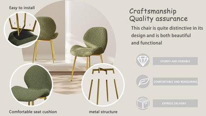 Modern minimalist white teddy velvet Dining Chairs Set of 2 with sturdy gold metal legs and comfortable backrest design, suitable for restaurants, kitchens, and offices.