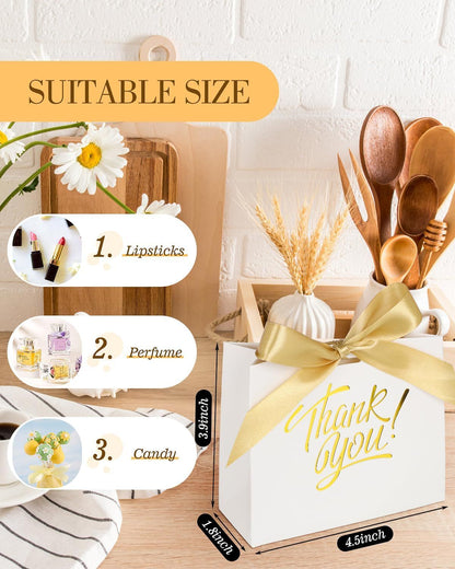 Small Gift Bags, 25 Pack 4.5x1.8x3.9 Inches Thank You Bags White Kraft Paper Gift Bag with Bow Ribbon, Perfect for Birthday, Wedding, Baby Shower