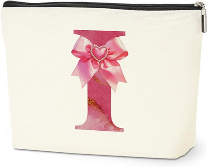 Personalized Initial Makeup Bag, Monogram Bow Travel Toiletry Make Up Bags Cute Preppy Cosmetic Bag Pouch Makeup Organizer Mothers Day Wedding Birthday Gifts for Women Nurse Sister Girls Pink I