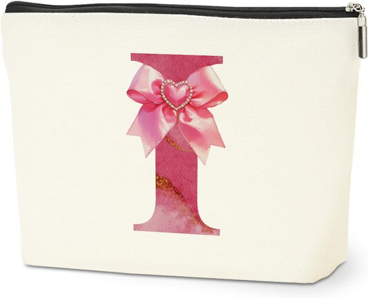 Personalized Initial Makeup Bag, Monogram Bow Travel Toiletry Make Up Bags Cute Preppy Cosmetic Bag Pouch Makeup Organizer Mothers Day Wedding Birthday Gifts for Women Nurse Sister Girls Pink I