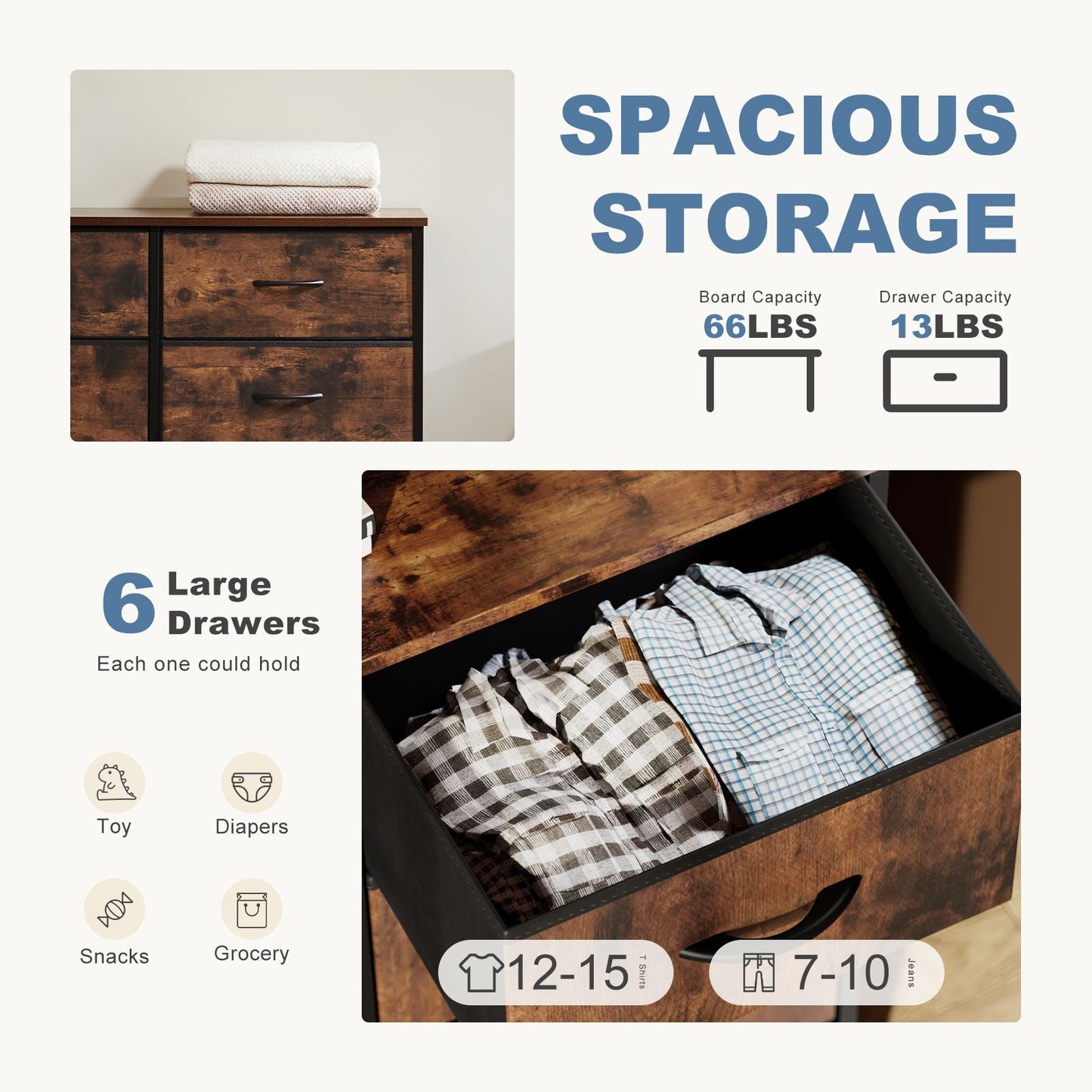 Dresser for Bedroom 6 Drawers Wide Fabric Storage Units Chest of Drawers for Bedroom with Metal Frame and Wooden Top for TV