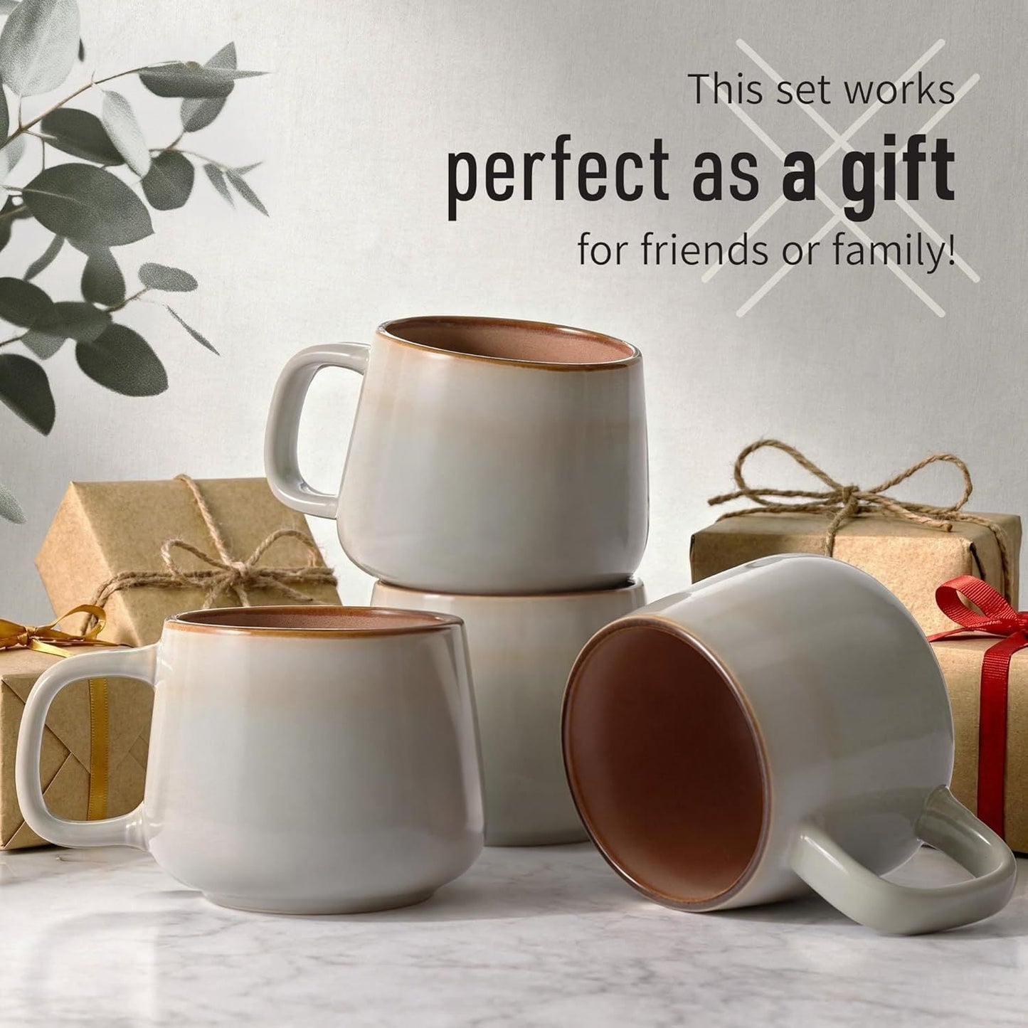 Large Ceramic Coffee Mugs Set of 4 | 16 oz Stoneware Coffee Cups | Lead-Free, Non-Toxic | Microwave and Dishwasher Safe | Comfortable Handle | Nordic Design for Tea, Cocoa, Latte | Sage