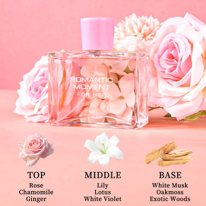 3.4fl Oz Women's Eau De Parfum - ROMANTIC MOMENT - Floral & Woody - With Rose, Chamomile, and Lemon - Medium Intensity Perfume