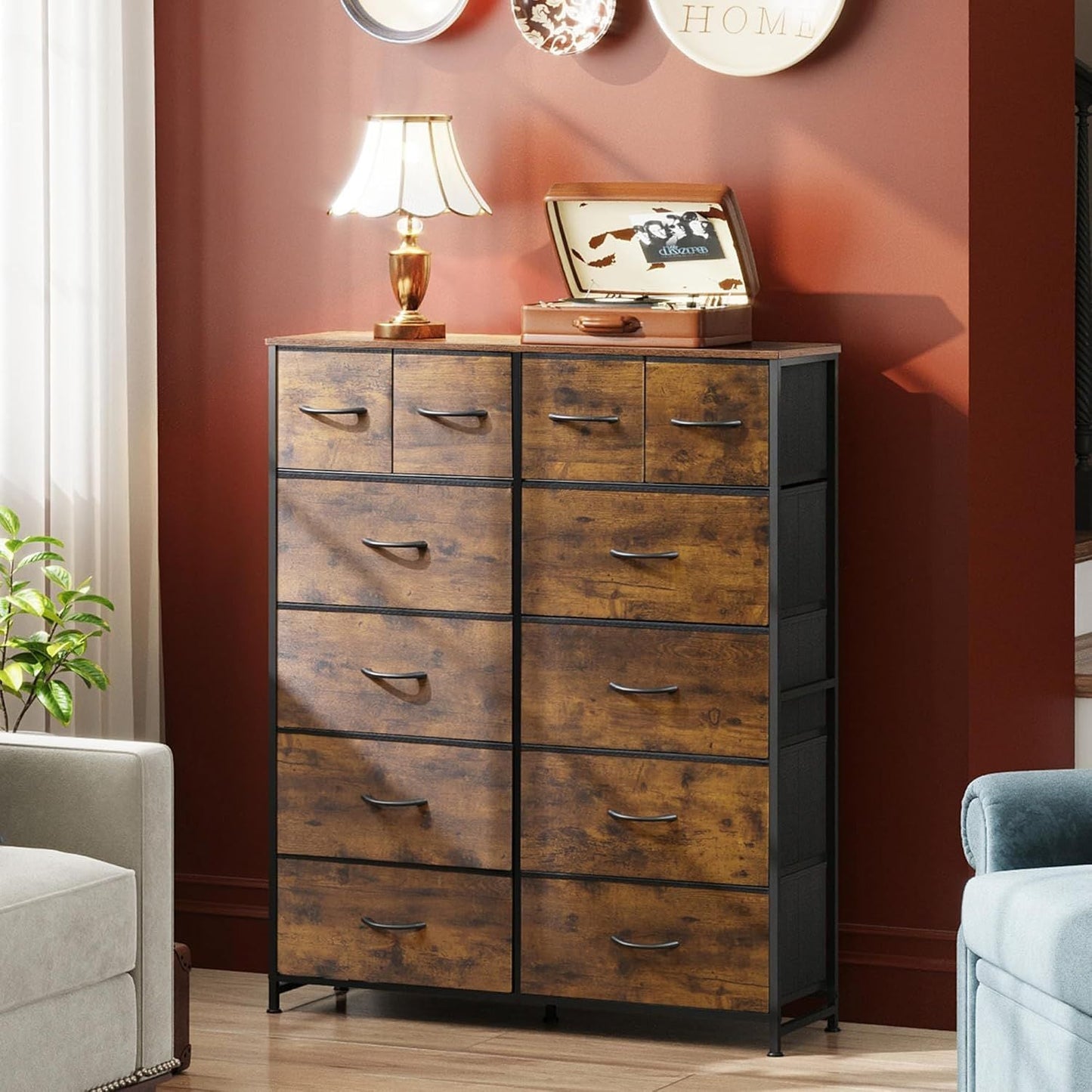 Tall Dresser for Bedroom with 12 Drawers, Dressers & Chests of Drawers, Fabric Dresser for Closet, Living Room, Storage Dressers with Storage Drawers, Steel Frame, Wood Top