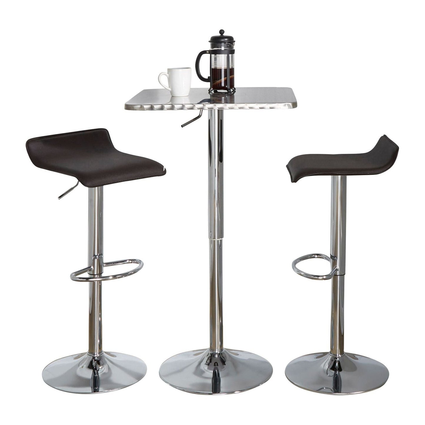 Bistro Square-Ale Contemporary Adjustable Bar Set in Silver and Chrome Metal with Brown PVC and Oval Footrest by - 3 Piece