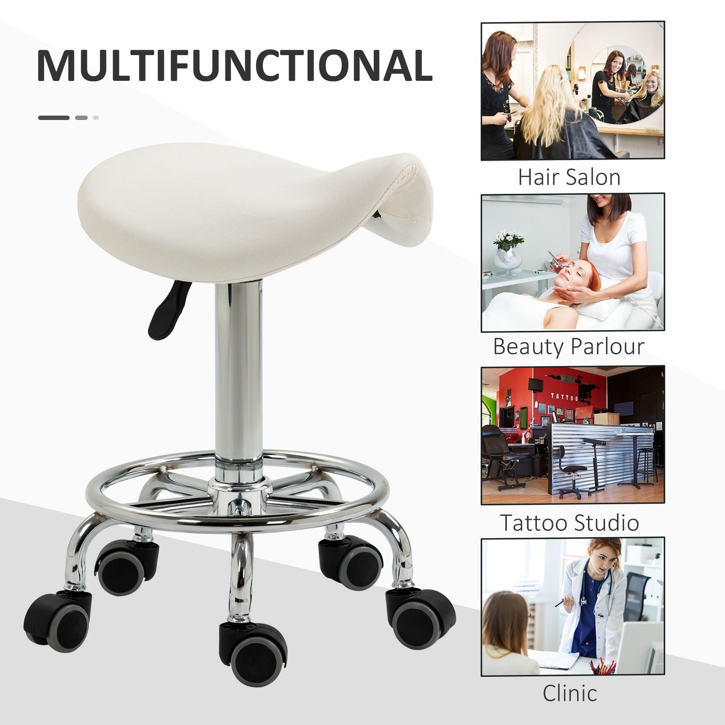 Saddle Stool PU Leather Adjustable Rolling Salon Chair White for Massage Spa Clinic Beauty Tattoo