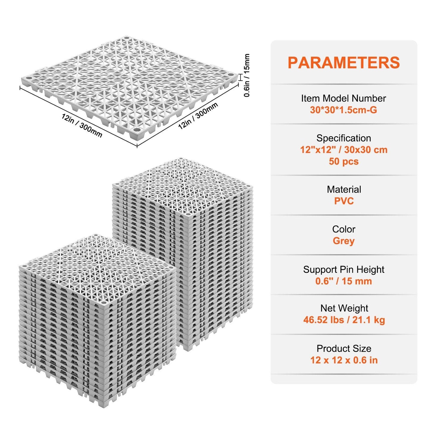 VEVOR Interlocking Tile 50PCS Gray, Drainage Tiles 12" x 12" Splicing, PVC Interlocking Drainage Floor Tiles, Non-Slip Drainage Holes for Restroom, Bathroom, Kitchen, Pool, Wet Areas