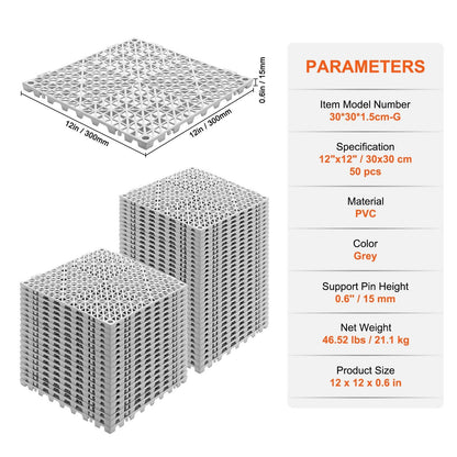 VEVOR Interlocking Tile 50PCS Gray, Drainage Tiles 12" x 12" Splicing, PVC Interlocking Drainage Floor Tiles, Non-Slip Drainage Holes for Restroom, Bathroom, Kitchen, Pool, Wet Areas