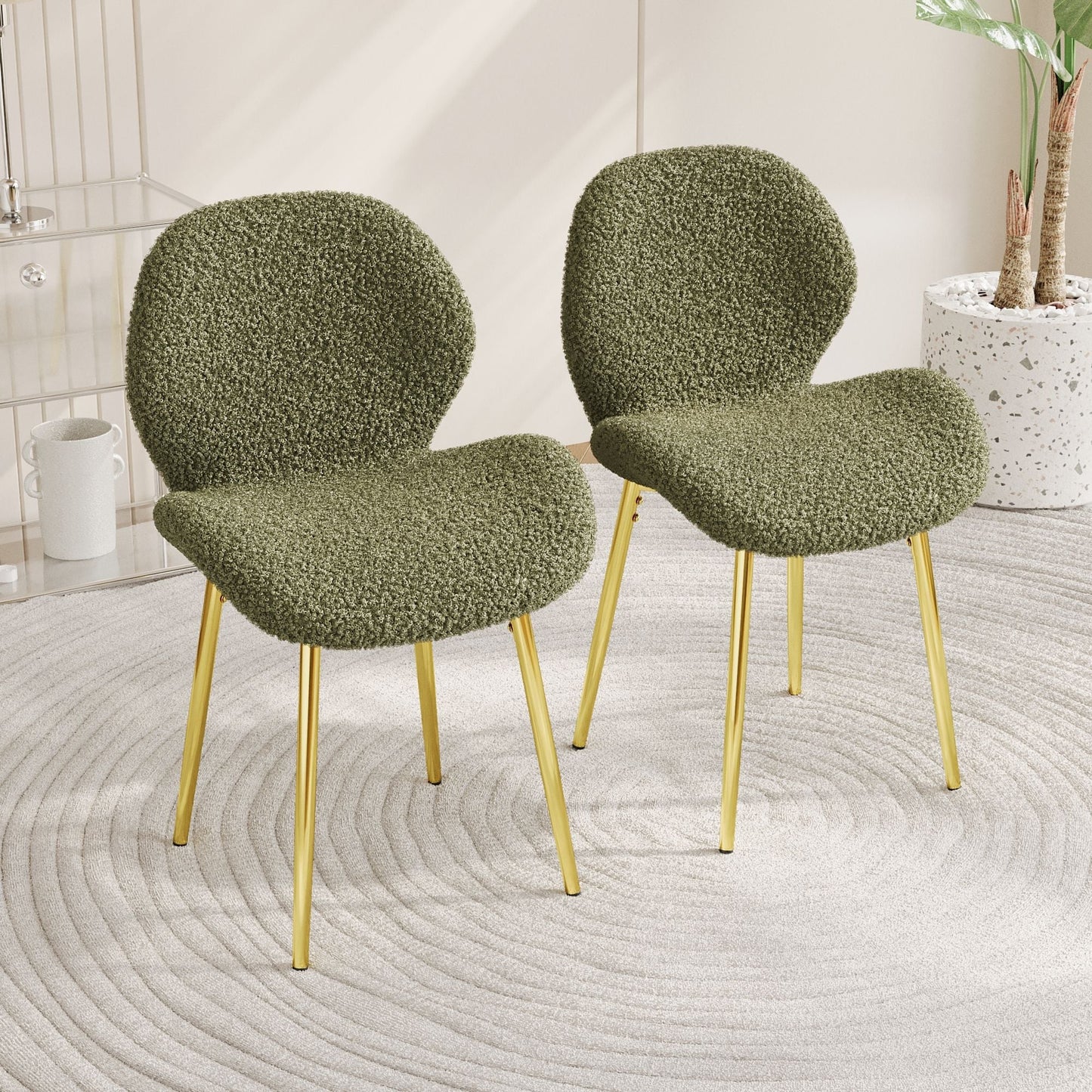 Modern minimalist white teddy velvet Dining Chairs Set of 2 with sturdy gold metal legs and comfortable backrest design, suitable for restaurants, kitchens, and offices.