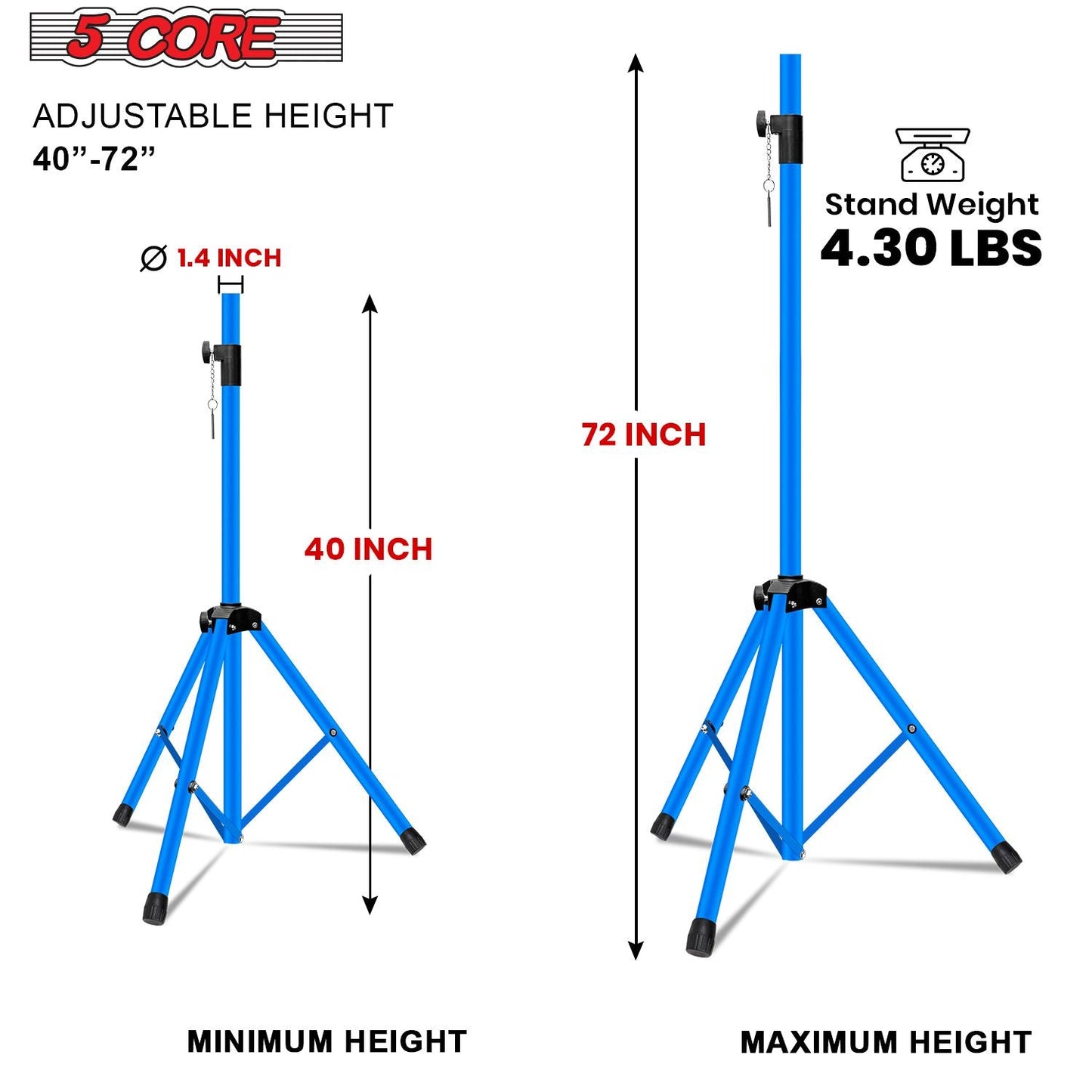 5 Core Speaker Stand Tripod Floor Tall Adjustable Up to 72 Inch DJ Studio Monitor Stands Pole Mount - SS ECO 1PK WOB