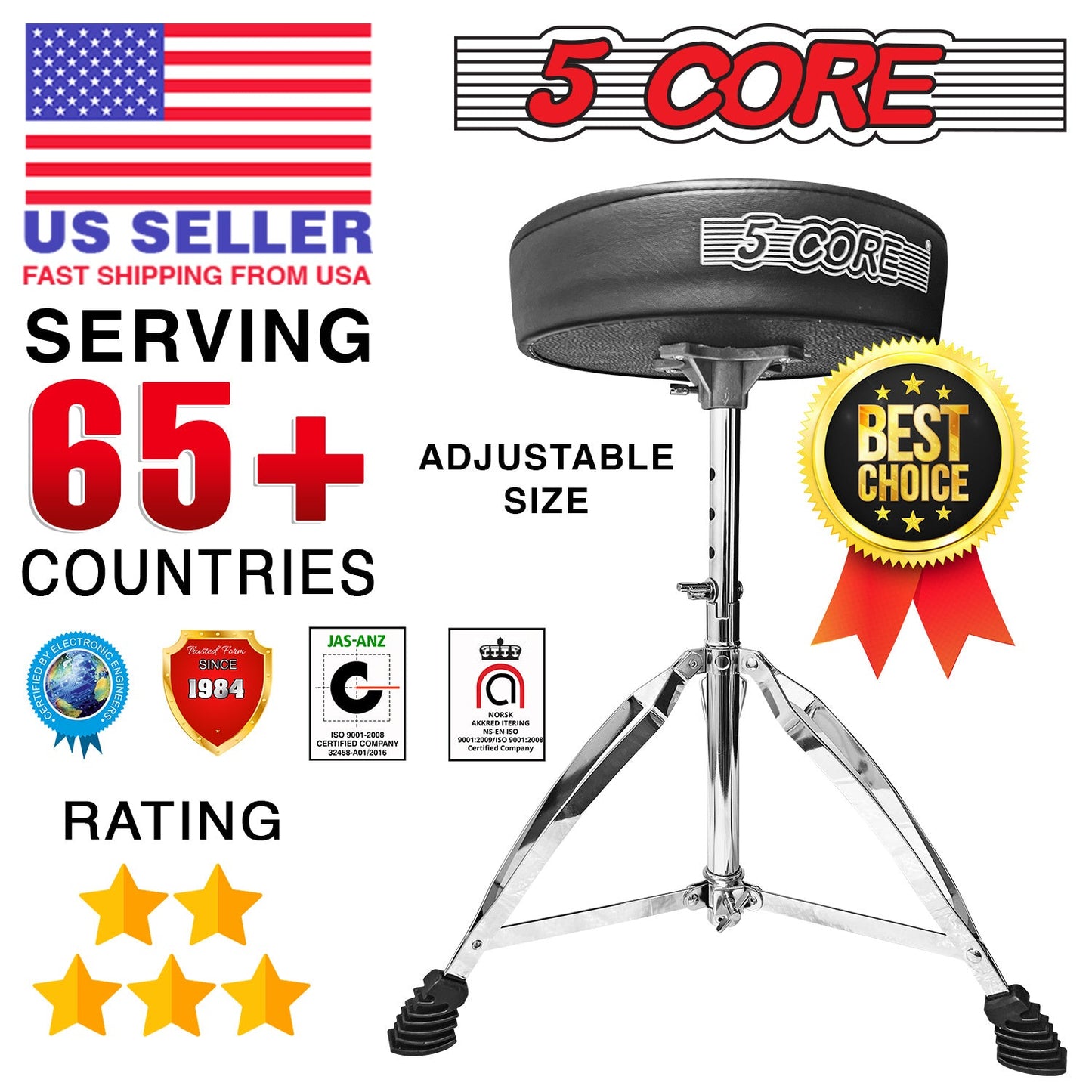 5 Core CHROME PRO Universal Drum Chair Round Padded Seat Throne Drum Stool Stand DS CH BLK