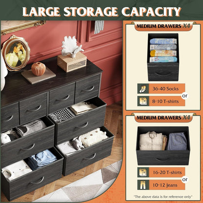 Dresser for Bedroom with 8 Drawers, Wide Fabric Dresser for Storage and Organization, Chest of Drawers, Dressers for Living Room, Closet, Hallway, Dark Grey