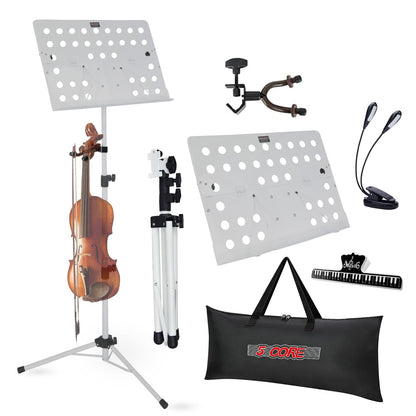 5 Core Music Stand For Sheet Music Height Adjustable Portable Folding Atril Para Partituras w Light Clip for Guitar Players Violinists Cellists Pianists - MUS FLD HD ACC WH