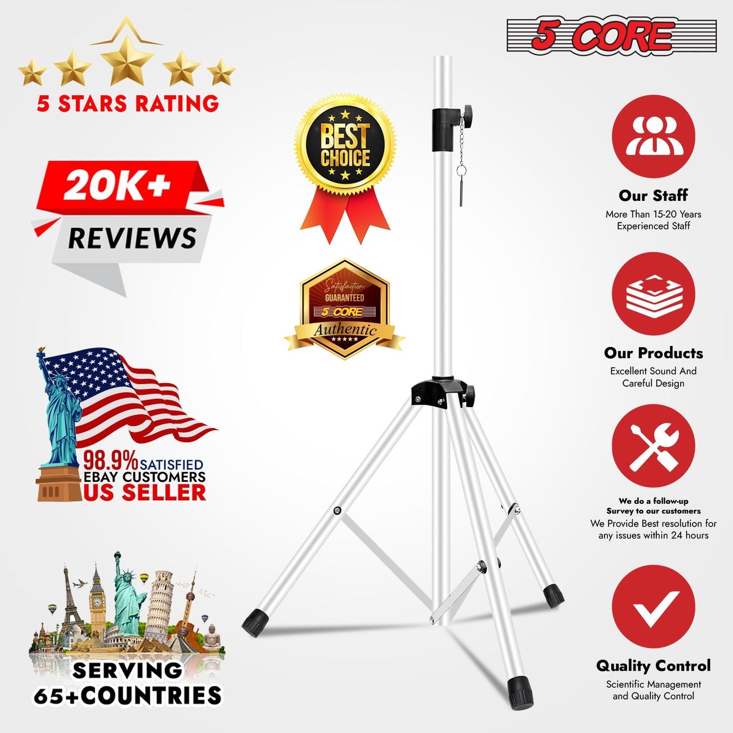 5 Core Speaker Stand Tripod Floor Tall Adjustable Up to 72 Inch DJ Studio Monitor Stands Pole Mount - SS ECO 1PK WOB