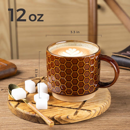 12 OZ Stackable Coffee Mugs, Ceramic Coffee Cups with Texture Patterns for Man,Woman,Dad,Mom, Modern Mugs Set of 4 for Latte/Cappuccino/Cocoa. Dishwasher&Microwave Safe