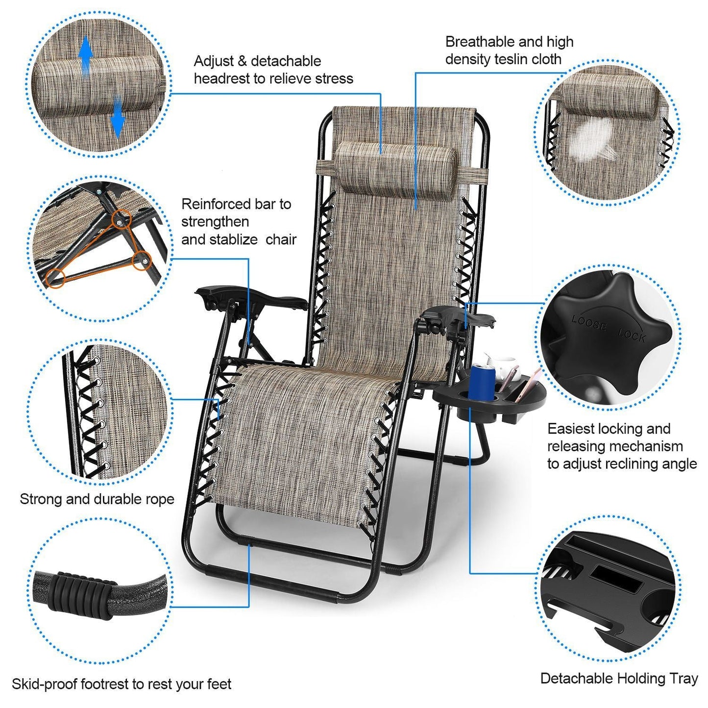2Packs Zero Gravity Lounge Chair with Dual Side Tray 330lbs Load Foldable Recliner Chair