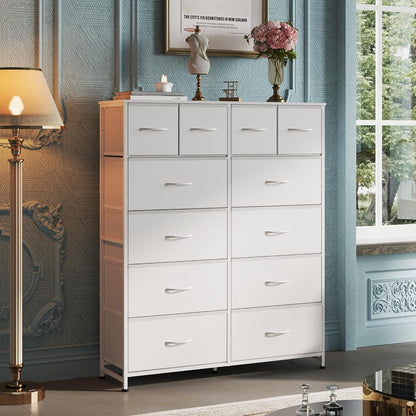 Tall Dresser for Bedroom with 12 Drawers, Dressers & Chests of Drawers, Fabric Dresser for Closet, Living Room, Storage Dressers with Storage Drawers, Steel Frame, Wood Top