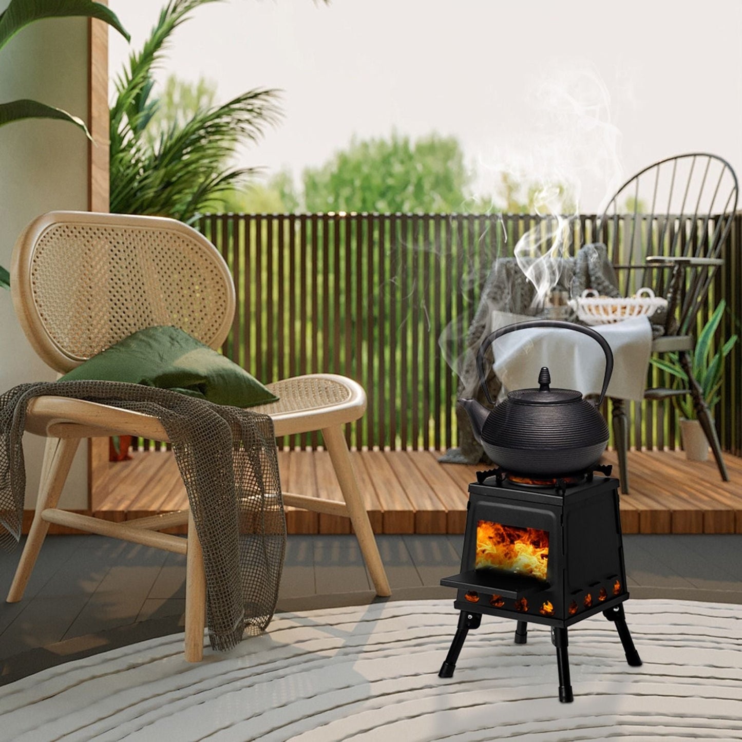 Portable Camping Stove with Detachable Iron Panels Black 27x27x34cm Lightweight Foldable Outdoor Wood Burning Fire Pit for Picnic BBQ Hiking Backpacking Compact Campfire Cooking Heater