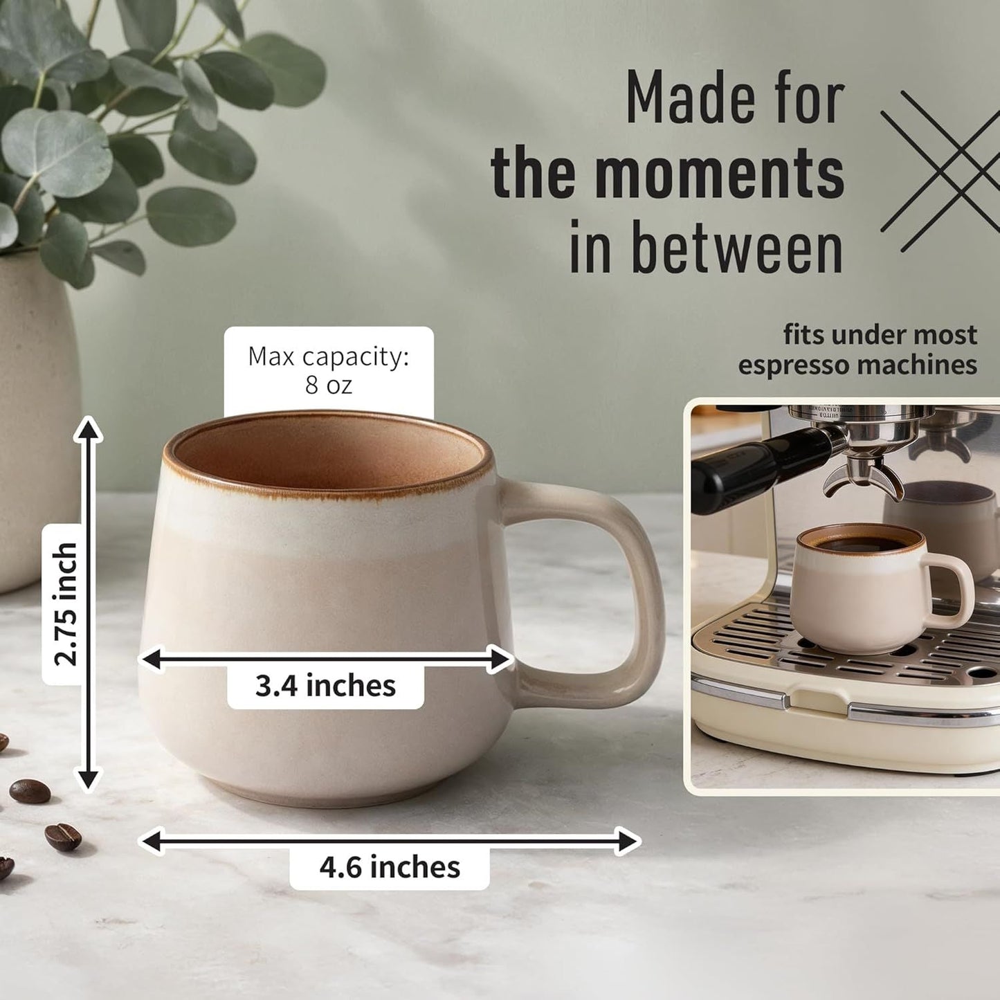 Small Ceramic Coffee Mugs Set of 4 | 8 oz Stoneware Coffee Cups | Lead-Free, Non-Toxic | Microwave & Dishwasher Safe | Comfortable Handle | Aesthetic Nordic Design for Cappuccino | Rose Sand