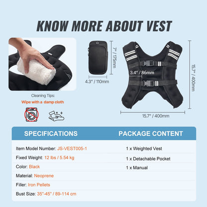 Weighted Vest, 12 lbs Weight Vest with Reflective Stripe, Adjustable Buckle Body Weight Vest for Men Women, Workout Equipment for Strength Training, Running, Jogging, Fitness, and Weight Loss