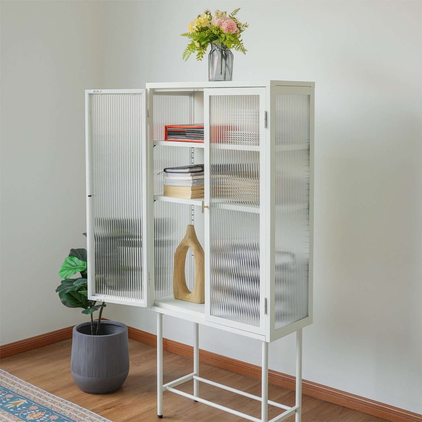Modern Solid Color Matte Glass Storage Cabinet with Adjustable Shelves