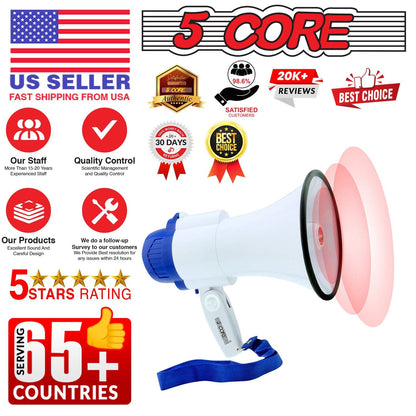 5 Core Megaphone 30W Bull Horn PA Speaker w 800 Yards Range USB Loud Siren Voice Amplifier Portable