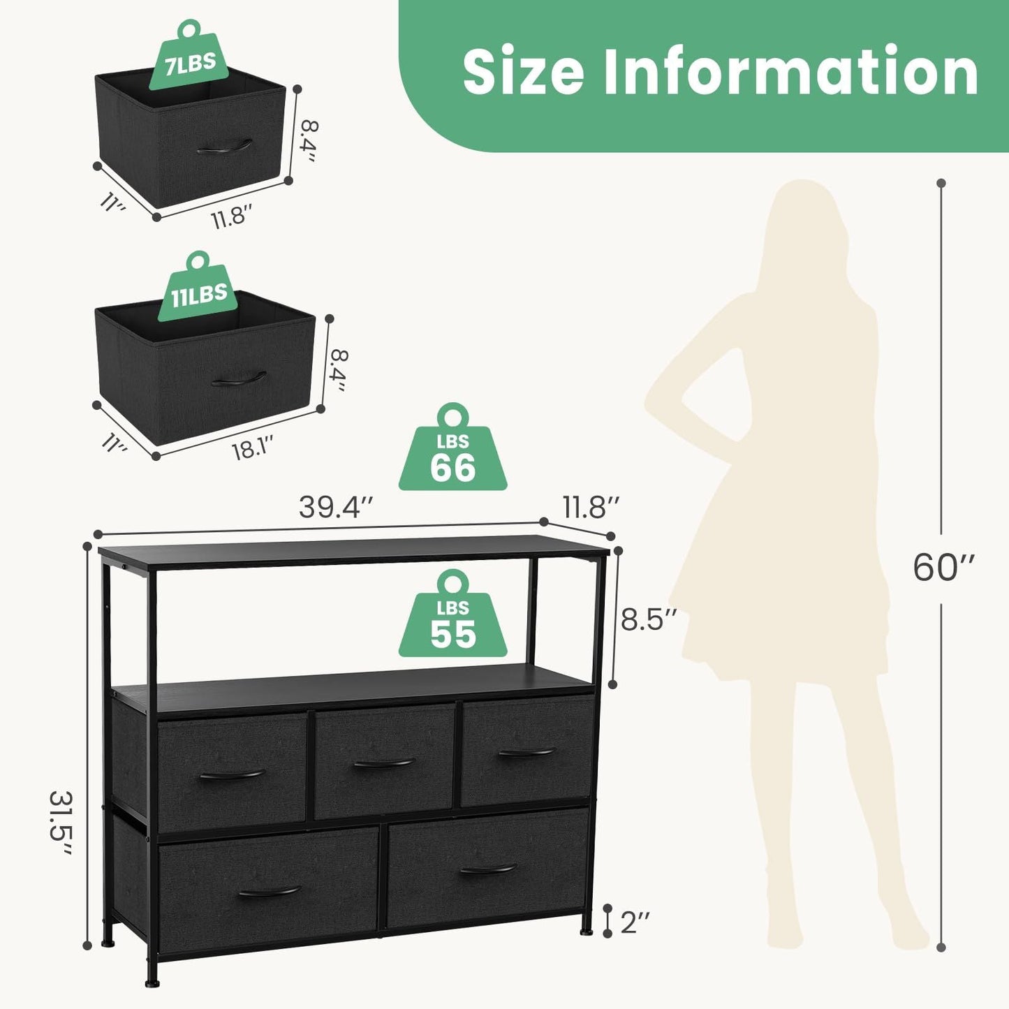 Dresser for Bedroom, Chest of Drawers, 5 Drawer Dresser, Closet Fabric Dresser with Metal Frame tv stand