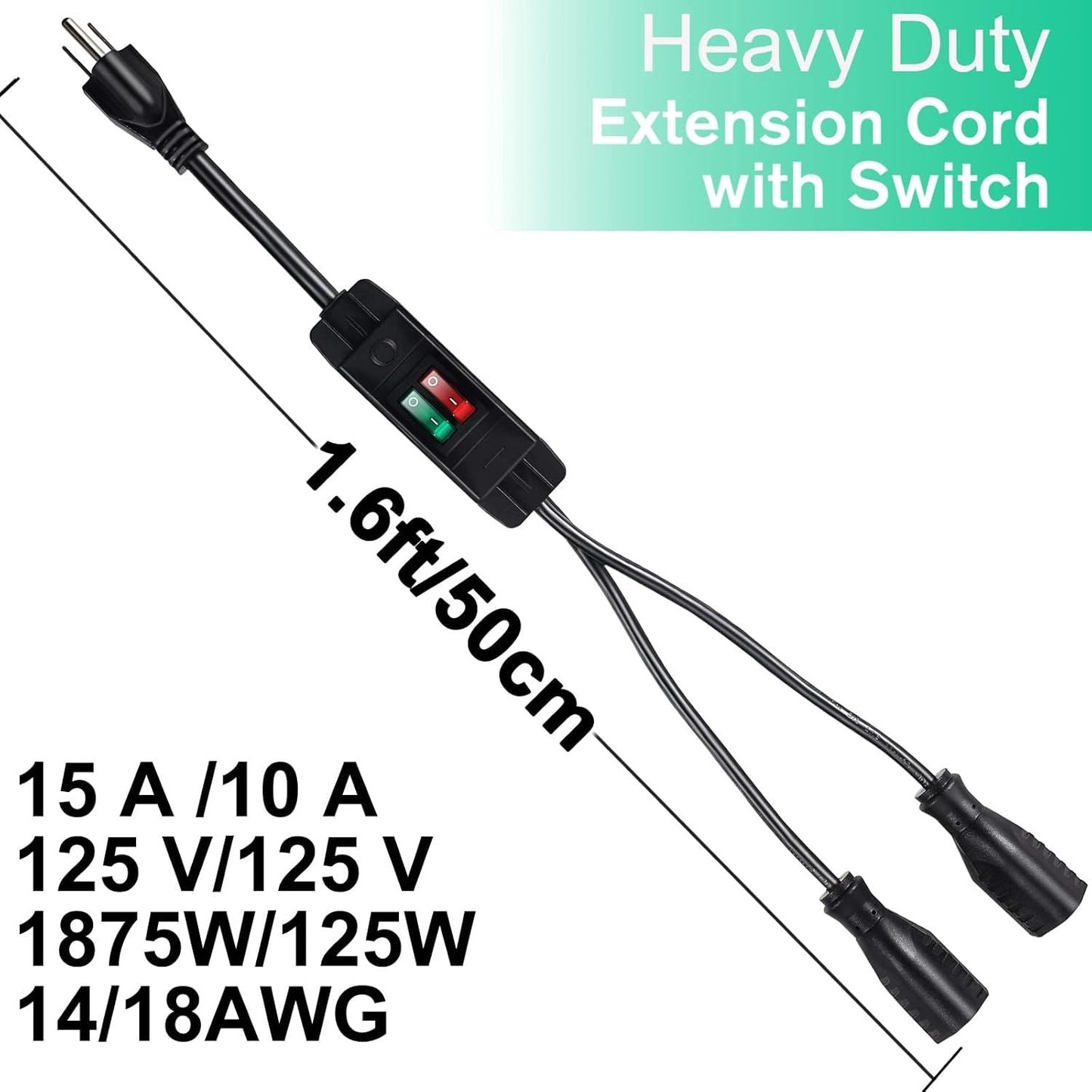 2 Way Extension Cord with On/Off Switch, 3 Prong Outdoor Extension Cord Splitter, Heavy Duty SJTW 14AWG 15A/125V and 18AWG 10A/125V Power Cord (1.6 Ft, Black)