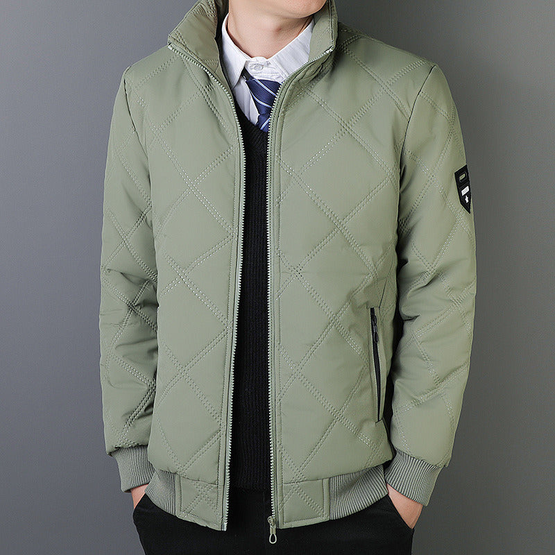 Cotton men's new autumn and winter stand-up collar with fleece diamond plaid warm warm cotton jacket