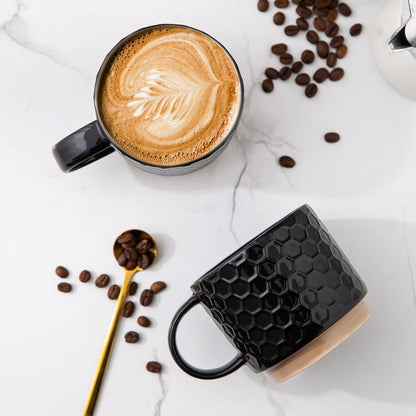 12OZ Stackable Coffee Mugs, Ceramic Coffee Mugs with Texture Patterns for Man,Woman,Dad,Mom, Modern Coffee Mugs Set of 4 for Latte/Cappuccino/Cocoa. Dishwasher&Microwave Safe, Black