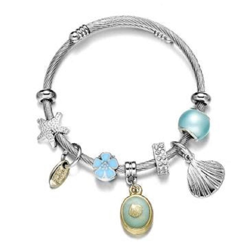 Bangle Bracelet Sea Shell Charm Wrap Silver Fashion Jewelry Stainless Steel Bracelet for Women