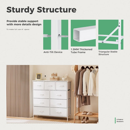 Dresser For Bedroom With 9 Fabric Storage Drawer Wardrobe Tall Chest Organizer Closet Adult Kids Clothes Cabinet Furniture