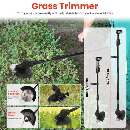 3-in-1 Cordless Electric Pole Saw & Mini Chainsaw & Grass Trimmer Kit with Adjustable Length 2Pcs 21V 1500mAh Batteries 4in/6in Chains Saw Blade 5Pcs Plastic Blades
