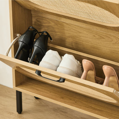 Rattan Shoe Cabinet with 2 Flip Doors, Narrow Freestanding Shoe Organizer, Modern Narrow Shoe Storage Cabinet with Metal Legs for Entryway, Hallway, Closet (Natural)
