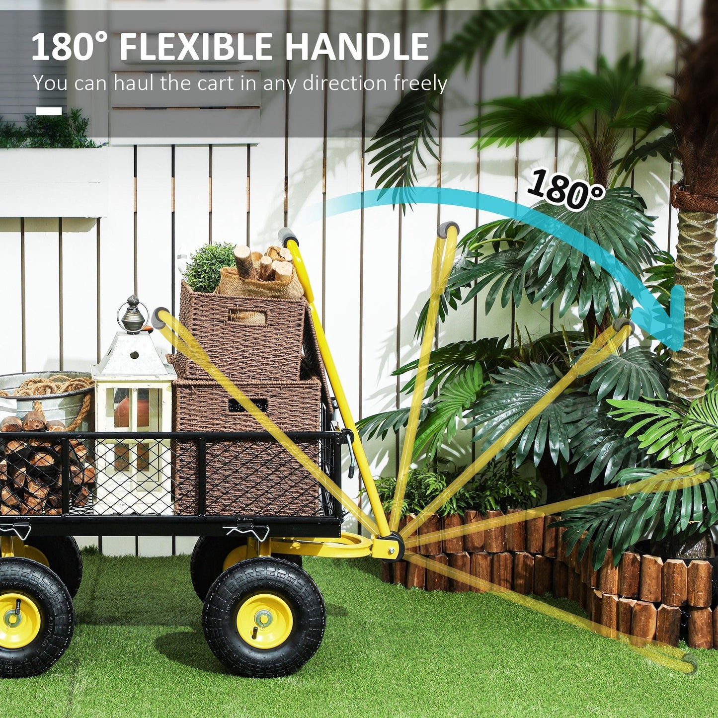 Steel Garden Cart, Utility Wagon with Removable Sides, 10" Wheels, 180° Rotating Handle, 440lbs Capatity