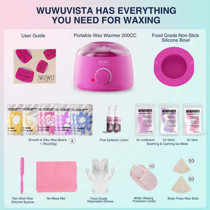 Waxing Kit 69 items - WUWUVISTA Hair Removal Hard Wax kit with Wax Warmer, Wax Beads for Face/Brazilian/Body/Sensitive Skin
