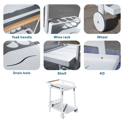 Aluminum White Indoor/Outdoor Patio Serving Dual-layer Cart with Teak Handle