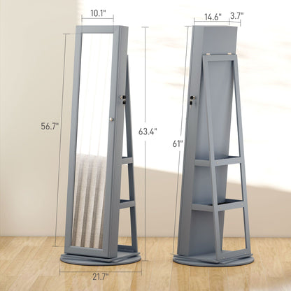 HOMCOM 360° Swivel Jewelry Armoire, Lockable Jewelry Cabinet with Full-Length Mirror, Storage Shelves, Gray
