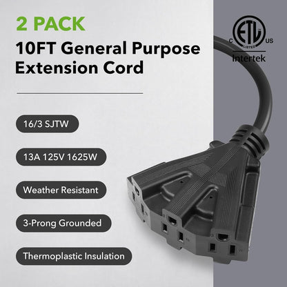 2 Pack Outdoor Extension Cord Set is Ideal for Holiday Yard Decorations and Garden Equipment. with Three outlets You can Plug in Loads up to a Total of 13amps/1625watts. (Black, 10ft)