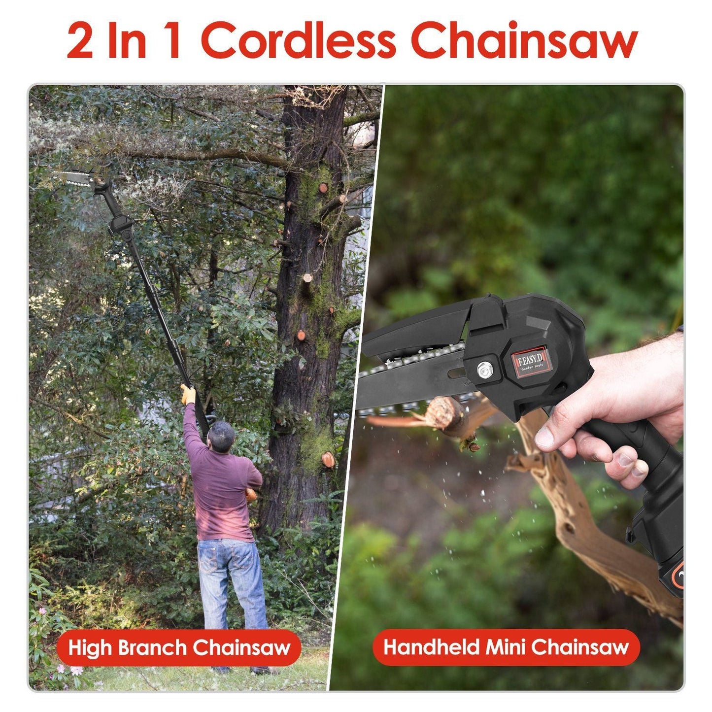 2-in-1 Cordless Pole Saw & Mini Chainsaw Electric Mini Chainsaw Length Adjustable Cordless Chain Saw with 2Pcs 1500mAh Batteries 4in/6in Chains for Tree Trimming