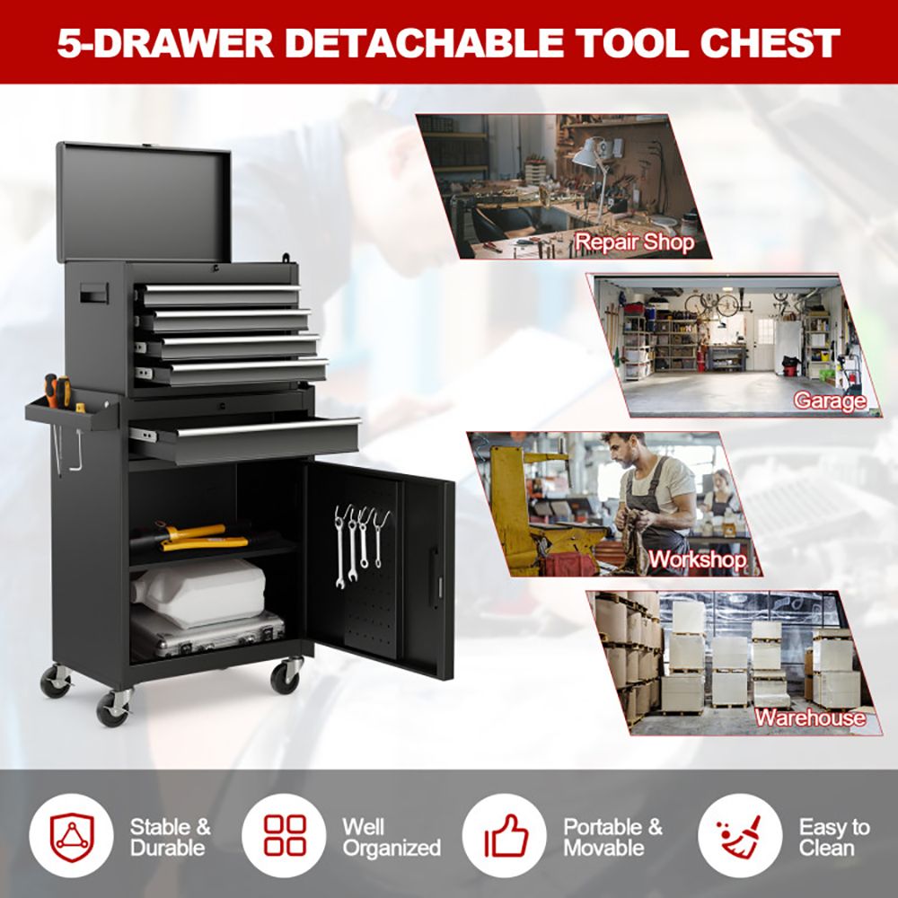 2-in-1 Rolling Tool Chest with 5 Sliding Lockable Drawers