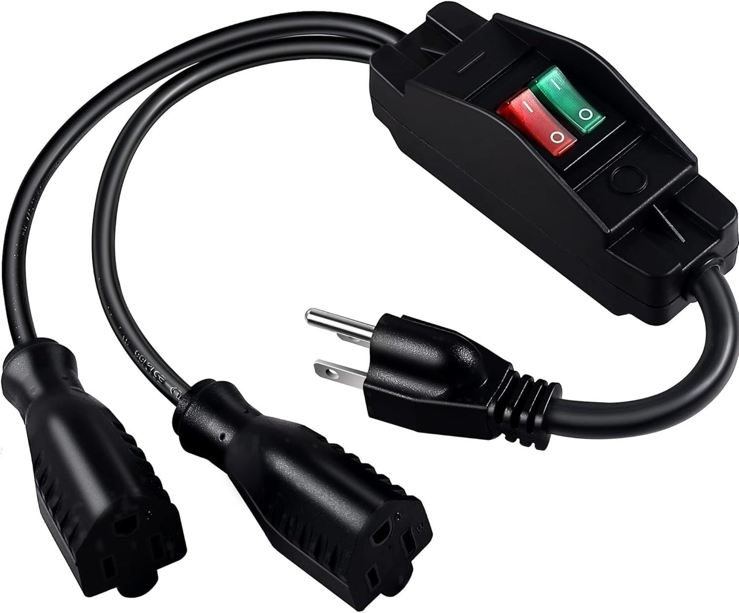 2 Way Extension Cord with On/Off Switch, 3 Prong Outdoor Extension Cord Splitter, Heavy Duty SJTW 14AWG 15A/125V and 18AWG 10A/125V Power Cord (1.6 Ft, Black)