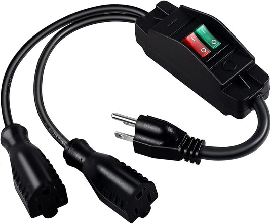 2 Way Extension Cord with On/Off Switch, 3 Prong Outdoor Extension Cord Splitter, Heavy Duty SJTW 14AWG 15A/125V and 18AWG 10A/125V Power Cord (1.6 Ft, Black)